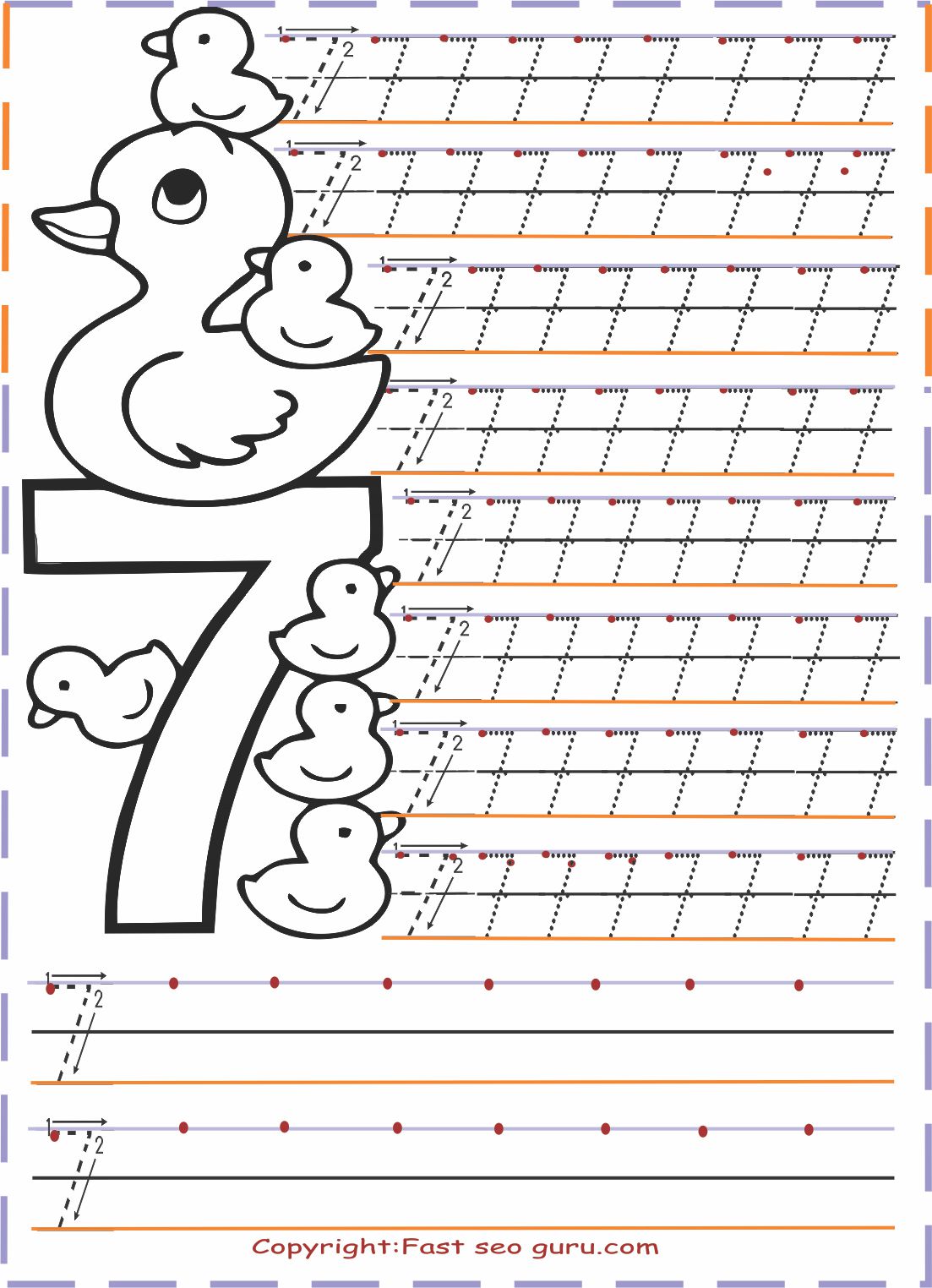 Numbers tracing worksheets 7 for kindergarten